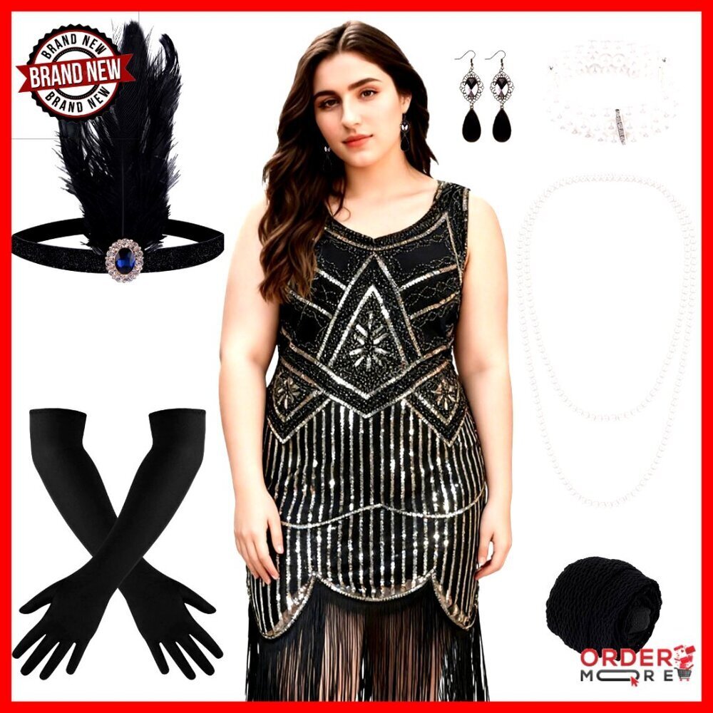 Sequin Beaded Fringe Midi Dress with Accessories Set for 1920s Party